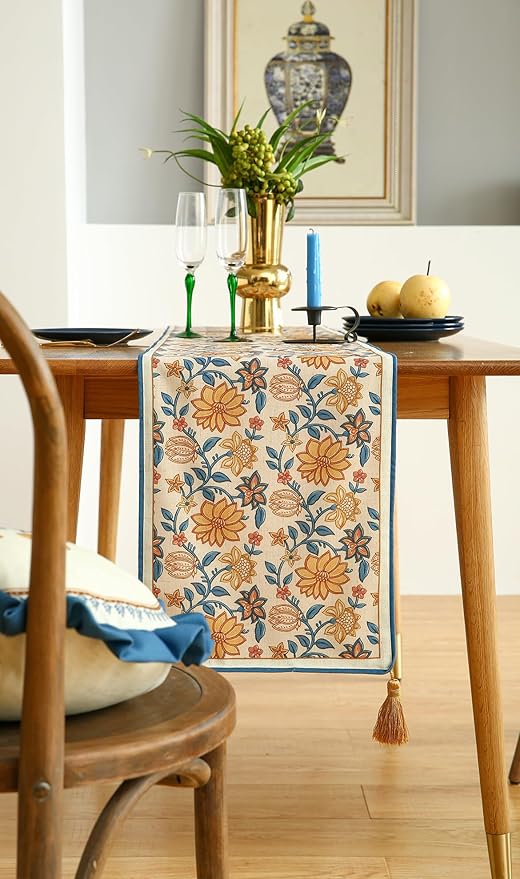 ISAENNE Designer Bohemian Elegant Linen Table Runner 87 Inches Long,Floral Pattern Duable Decor Table Runners for Dining Tables,Thanksgiving,Kitchen Tables,Christmas,12"*87"-Estevan B