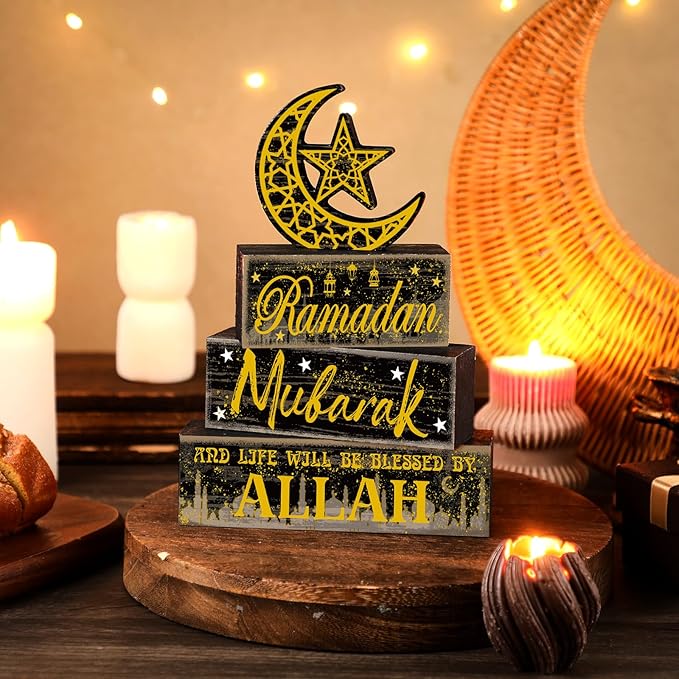 4 Pcs Ramadan Mubarak Table Decor Wooden Eid Mubarak Tabletop Signs for Home Black and Gold Muslim Islam Ramadan Mubarak Centerpiece for Islamic Gifts Kareem Home Table Decor