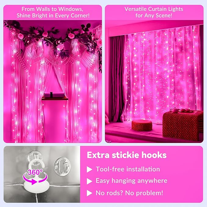 HXWEIYE 300LED Fairy Curtain Lights, 9.8x9.8Ft Pink USB Plug in 8 Modes Timer Christmas String Hanging Lights with Remote for Bedroom Backdrop Wedding Party Home Wall Garden Outdoor Indoor Decor