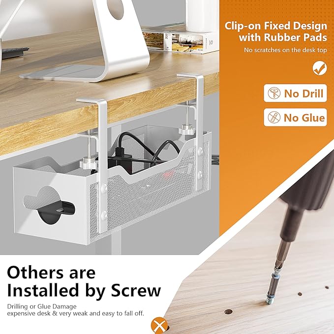 Under Desk Cable Management Tray 13.38", Quszmd Cable Organizer No Drill, Standing Cord Organizer and Wire Management Tray - No Damage to Desk, White