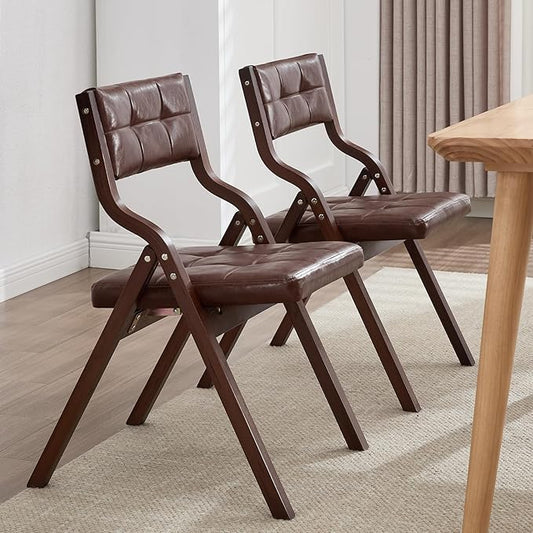 2-Pack Folding Dining Chairs with Cushion,Faux Leather Padded Foldable Dining Chairs,Portable Wooden Folding Chairs for Dining Rooms Kitchen Wedding and Party Indoor Brown