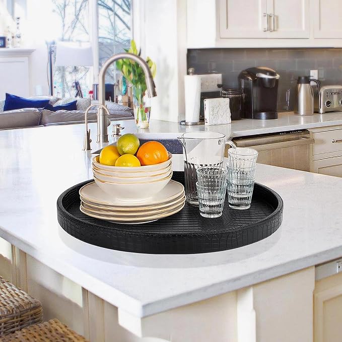 HofferRuffer Round Serving Tray 20'', Elegant Faux Leather Circle Ottoman Table Tray, Serve Tea Coffee Breakfast in Bedroom Living Room Kitchen (Classic Black)
