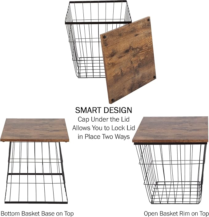 End Tables Set of 2 - Nesting Tables with Removable Wood Tops and Metal Basket Bases for Blanket Storage - Square Side Furniture for Living Room, Bedroom, or Home Office by Lavish Home (Brown)