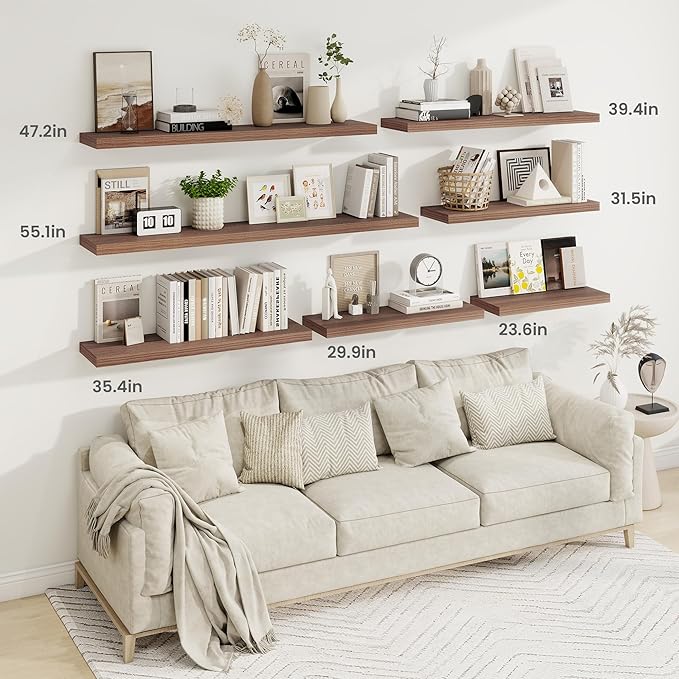 Fun Memories Floating Shelves for Wall, 32 Inch Rustic Wood Wall Mounted Shelves for Bathroom, Bedroom, Kitchen, Living Room, Deep Floating Shelves for Storage & Home Decor (Walnut, Set of 2)