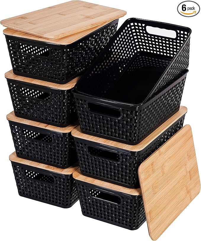 Storage Bins with Lids 8 Packs, Plastic Storage Bins with Bamboo Lids for Pantry Organization and Storage Containers for Shelves Drawers Desktop Closet Playroom Classroom Office Home, Black