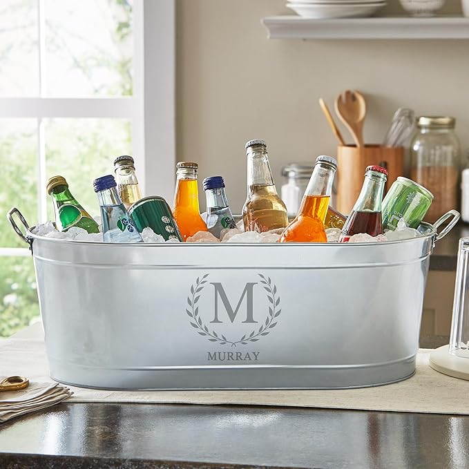 Let's Make Memories Personalized Beverage Tub - Monogram Wreath - Galvanized Drink Tub w/o Stand