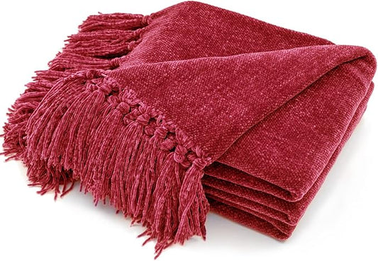 RECYCO Throw Blanket Soft Cozy Chenille Throw Blanket with Fringe Tassel for Couch Sofa Chair Bed Living Room (Christmas Red, 50'' x 60'')