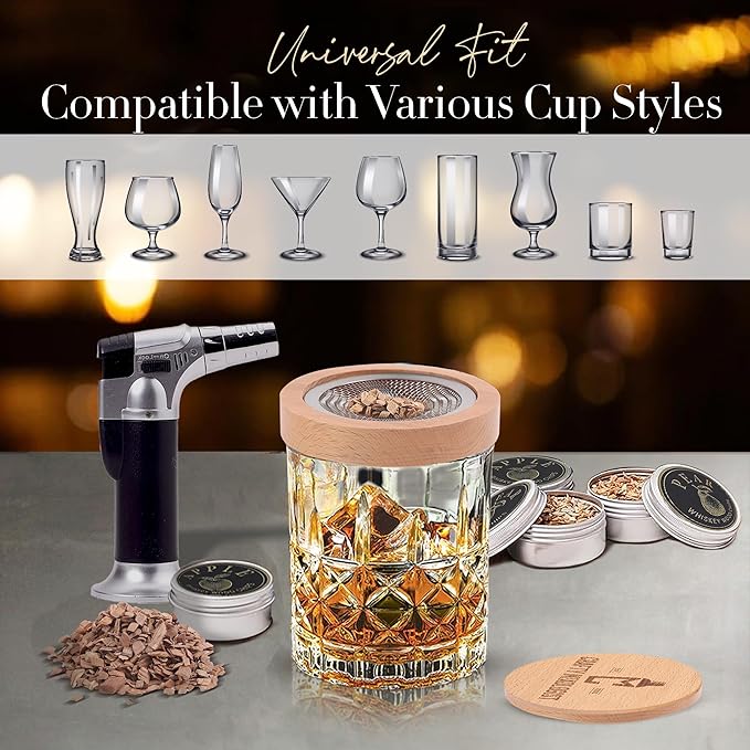 Whiskey Smoker Kit with Torch – 6 Wood Chip Flavors & 2 Glasses – Cocktail Smoker Infuser Set for Old Fashioned and Bourbon– Birthday Gifts for Men, Dad, Husband and Boyfriend(Butane Not Included)