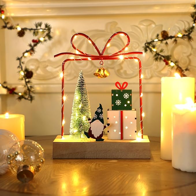 Christmas Tabletop Decoration, Wooden Lighted Christmas Gift Box Decorations, Christmas Giftboxes Santa Ornaments, Battery Operated Christmas Indoor Fireplace Home Table Decorations