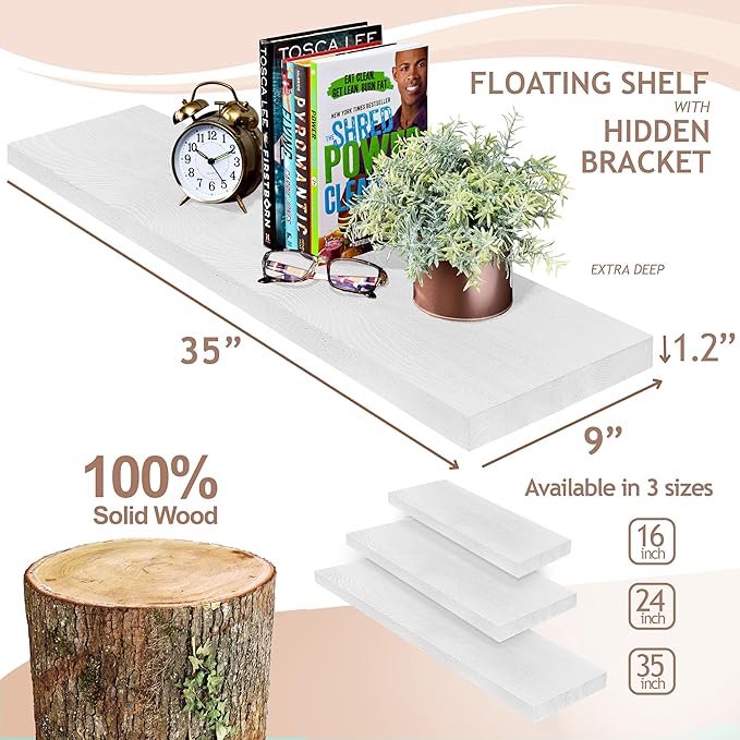 Sorbus Wood Floating Shelves for Wall - 35” Solid Wood Wall Shelves for Bathroom Decor, Books, Bedroom & Living Room - Set of 2 White Wall Mounted Kitchen Shelves - Durable Solid Pine