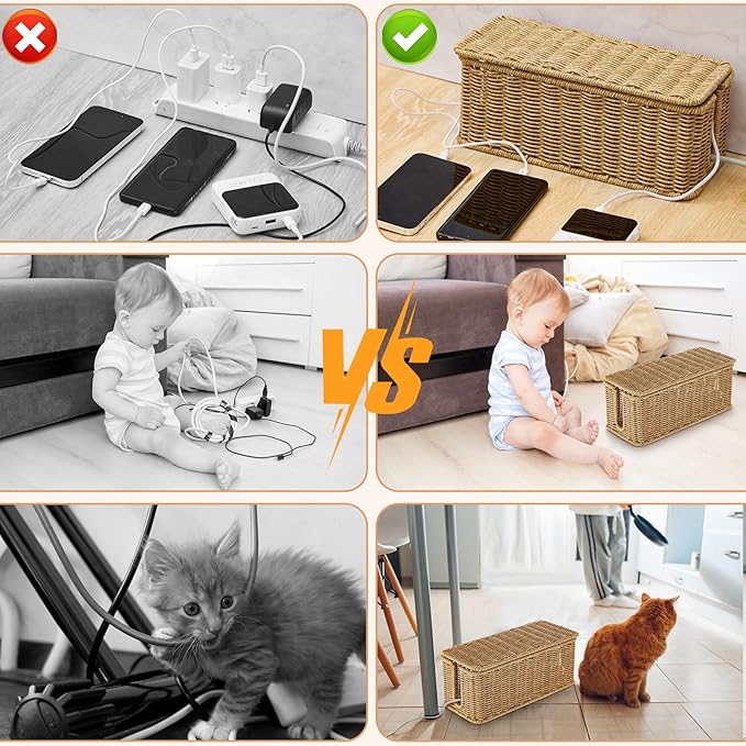 Marsui 3 Pcs Cable Management Box Synthetic Rattan Cord Organizer Cable Hider Storage Wire Box with 2 Open Slots for Home Office Desk Computer TV Wires USB Hub (Small,Medium,Large)