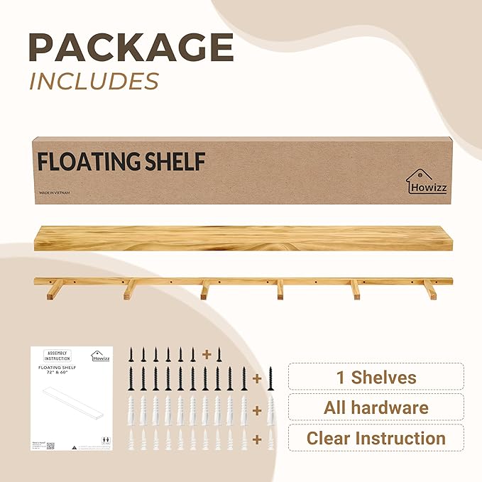 72'' Pine Wood Floating Shelf for Wall - Rustic Wall Mounted Wooden Shelf for Stylish Home Décor, Fireplace Mantel 72inch (Light Walnut, 72x8x2) - 1pcs