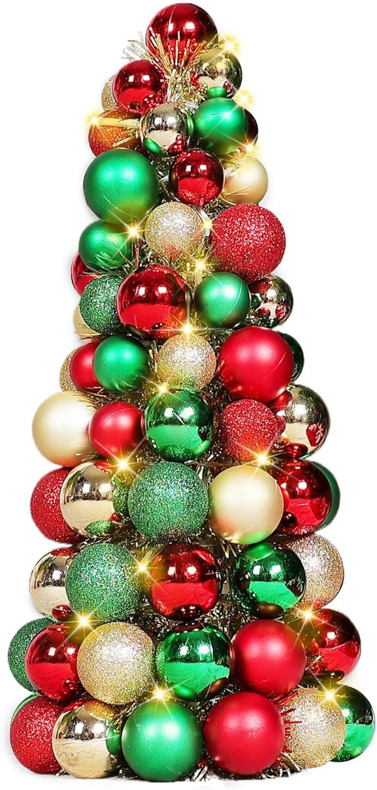 Amooca 16in Christmas Ball Tree with LED Lights Table Centerpiece Fireplace Decor Indoor Holiday Party Home Decoration Red Gold Green