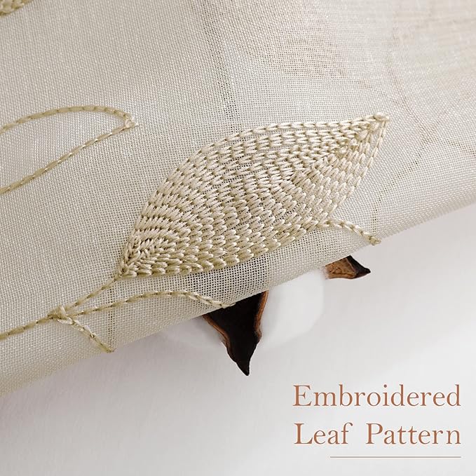 HOMEIDEAS Taupe Sheer Curtains 52 X 84 Inches Long 2 Panels Beige Embroidered Leaf Pattern Pocket Faux Linen Floral Semi Sheer Voile Window Curtains/Drapes for Bedroom Living Room