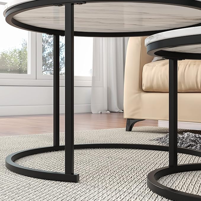HOJINLINERO Nesting Round Coffee Table Set of 2 End Tables for Living Room,Circular and Marble Coffee Table Wooden Accent Furniture with Metal Frame,Stacking Side Tables,Black