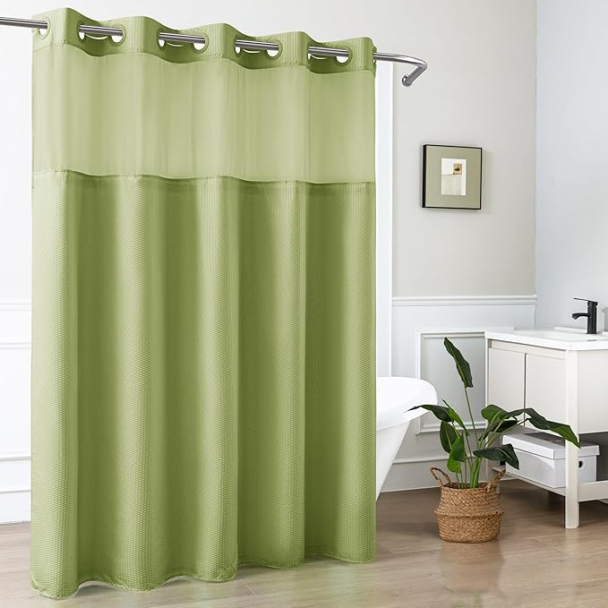 Mrs Awesome No Hook Shower Curtain with Snap-in Liner, Embossed Waffle Design Fabric Shower Curtain for Bathroom, Soft & Lightweight, 71x74, Sage Green