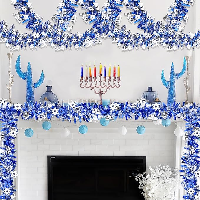 Hanukkah Decorations 2 Pack Total 36 FT Hanukkah Tinsel Garland with Menorah Star of David Silver Ornaments Blue Metallic Streamers Decor, Indoor Outdoor Chanukah Decorations for Home Party Supplies