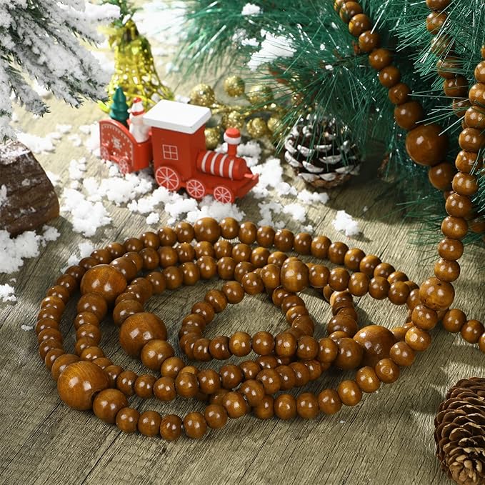 12 Feet Christmas Wooden Beads Garland Round Craft Farmhouse Vintage Wood Bead Garlands for Xmas Decoration Supplies(Coffee)