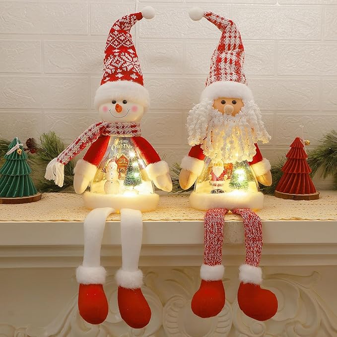 Juegoal 2 Pack Lighted Christmas Santa & Snowman with Dangling Legs, 24" Handmade Plush Figurines with Miniature Xmas Scenes in Belly, Battery Operated Tabletop Dinner Party Ornaments