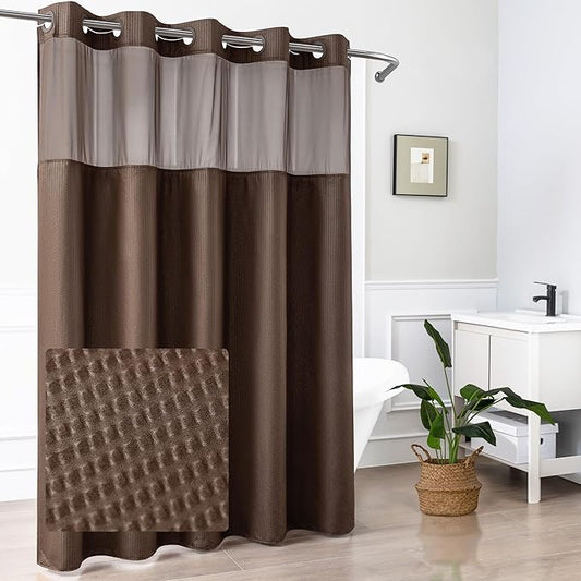 Mrs Awesome No Hook Shower Curtain with Snap-in Liner, Embossed Waffle Design Fabric Shower Curtain for Bathroom, Soft & Lightweight, 71x74, Chocolate