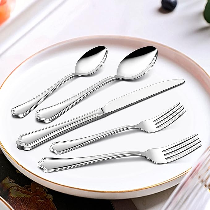 Herogo 10-Piece Silverware Set with Scalloped Edge, Stainless Steel Flatware Cutlery Set for 2, Modern Tableware Eating Utensils Set, Dishwasher Safe, Mirror Polished
