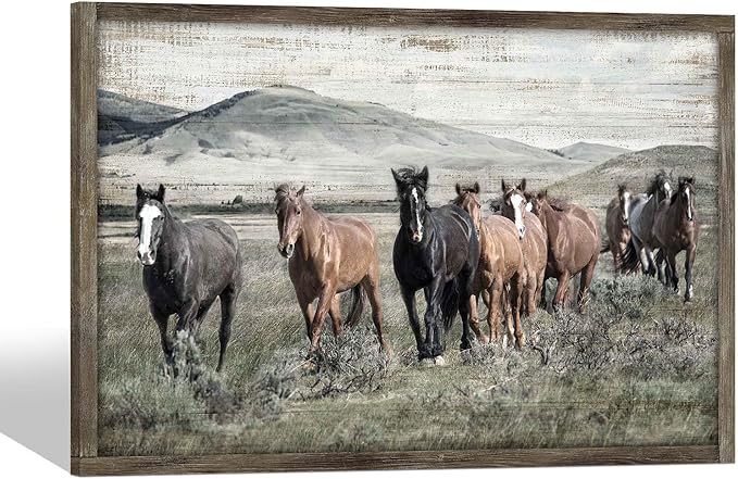 Horse Wall Art Framed Picture: Wild Animal Wooden Print Decor Large Wildlife Painting Artwork for Farmhouse Bedroom Living Room