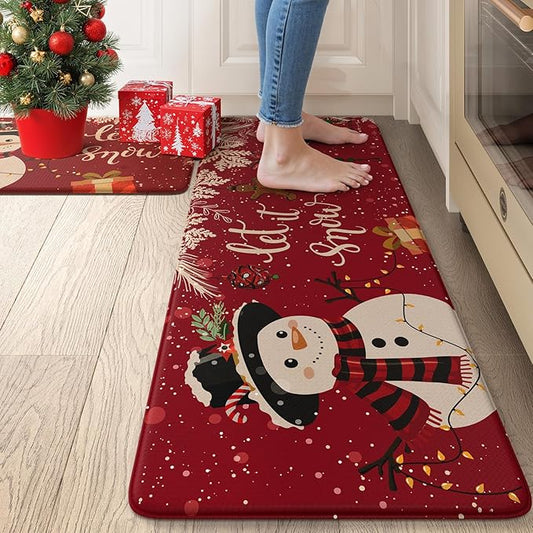 Christmas Snowman Anti Fatigue Mats for Kitchen Floor, Red Winter Xmas Tree Cushioned Kitchen Rugs Sets of 2, Waterproof Non Slip Sink Rug Comfort Standing Mat for Holiday Decor 17x30+17x47 inch