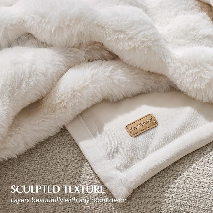 EverGrace Ultra Soft Luxury Fluffy Faux Rabbit Fur Throw Blanket, Thick Warm Bubble Throw for Bed, Cozy Plush Reversible Blankets for Couch, Chair, Sofa, Ivory White, 60x80 Inches