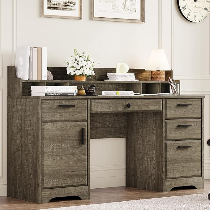 58 Inch Executive Desk with 5 Drawers, Wood Office Desk with File Cabinet, Wood Computer Desk with Hutch, Home Office Desk with File Drawers for Bedroom, Wash Grey