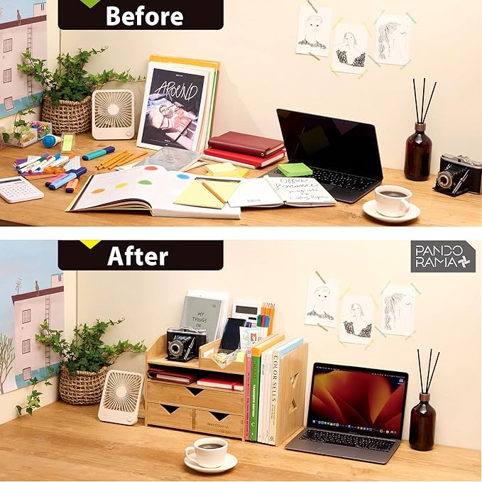 Pandorama Bamboo Desk Organizer with Adjustable File & Book Holder, Large 4Tier Dektop Storage for Office, A4 Full Size Drawer, No Assembly Required,Kitchen and Bedroom