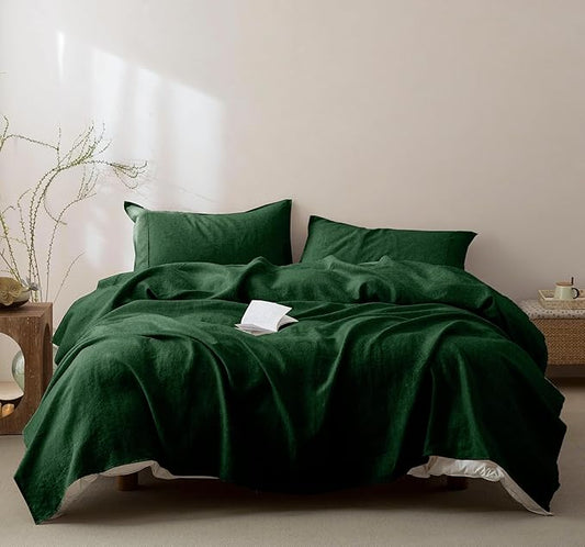 Talasily 100% French Pure Linen Sheets Set Queen Size,Oeko-TEX Certified Bedding, All-Season Breathable for Hot Sleepers,16 Inch Deep Pocket Machine Washable 4-Piece (Forest Green)