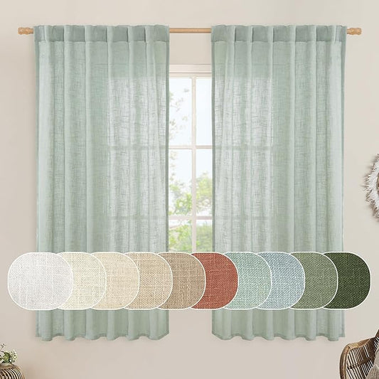 LAMIT Faux Linen Curtains 63 inches Long for Bedroom, Back Tab and Rod Pocket Linen Drapes Light Filtering Semi Sheer Curtains for Small Window/Farmhouse, 2 Panels (52 x 63 Inch, Light Sage)