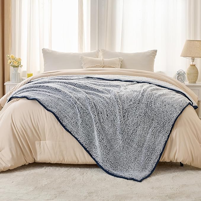 EMME Soft Sherpa Fleece Blanket Reversible Plush Fluffy Large Blanket, Light Weight Warm Decorative Boho Blanket Cover for Sofa, Couch, Bedroom,Travel(Plush Navy,108"x90")