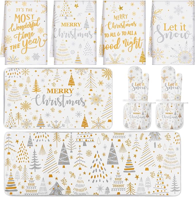 10 Pcs Christmas Kitchen Decor Set Kitchen Towels and Rugs Oven Mitts Pot Holders Absorbent Towels for Baking Cooking BBQ Gifts Home Decor(White and Gold,Understated)