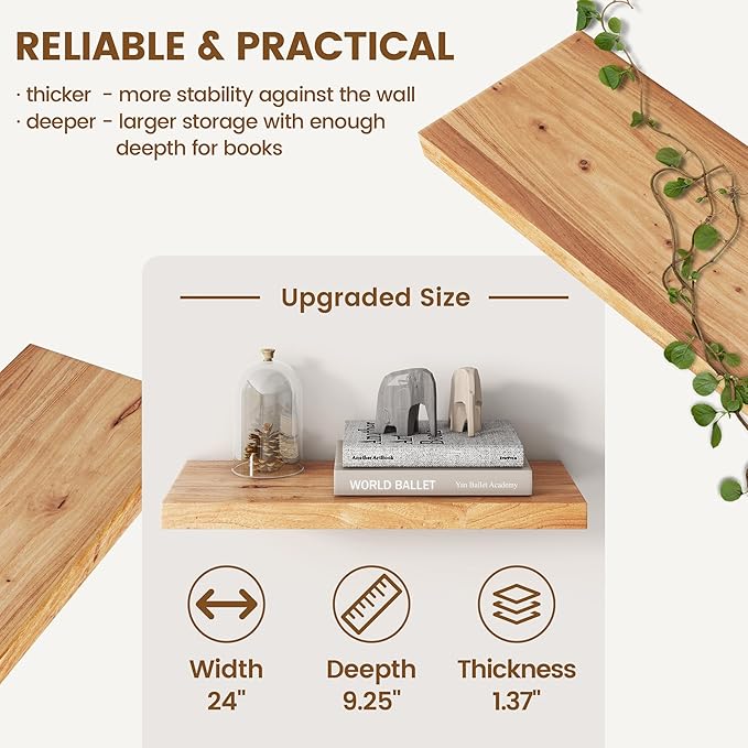 Rustic Elm Wood Floating Shelves for Wall, Flat Edge 24"W x 9.2"D x 1.4"H, Set of 2 with Invisible Bracket, Wall Mounted Storage Shelves for Living Room Bedroom Kitchen Bathroom Decor, Natural Finish