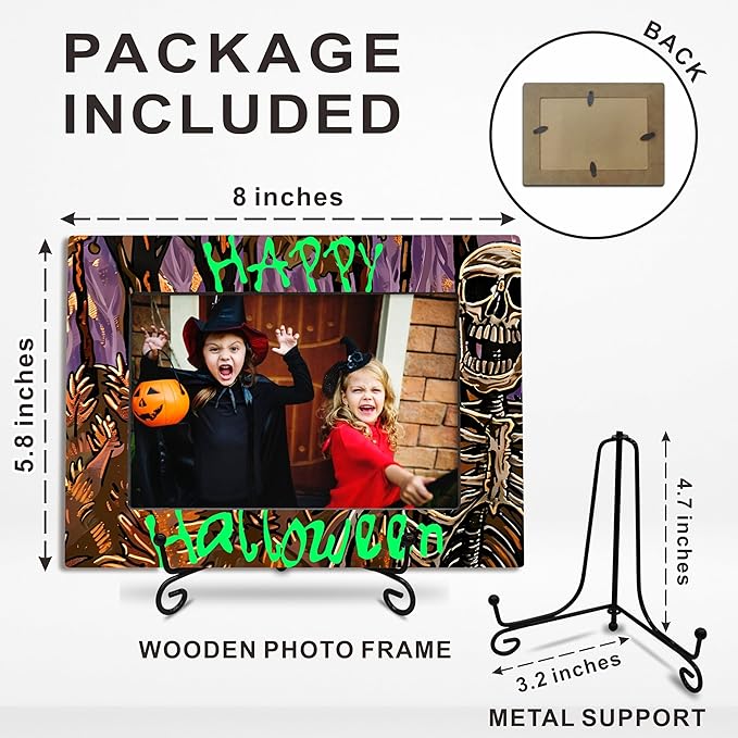 4X6 Halloween Picture Frame With A Metal Stand-Dark Style, Abstract Skeleton Print- Gifts for Kids Friends Family, Wooden Photo Frame For Tabletop Display, Halloween Theme- A27
