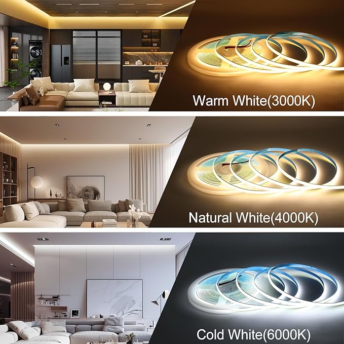 COB LED Strip Light, 16.4FT 12V 6000K Narrow Width 5mm Super Bright CRI 90+ Dotless LED Tape Light, 400LEDs/M Cuttable Flexible Dimmable Light Strip for Indoor Home Decor (No Power Supply)