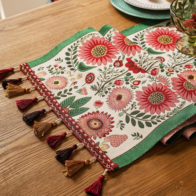 13×72 Inch Table Runner, Retro-Luxury Tassels Series for Kitchen Dining Table Holiday Decoration (Spring Blossom)