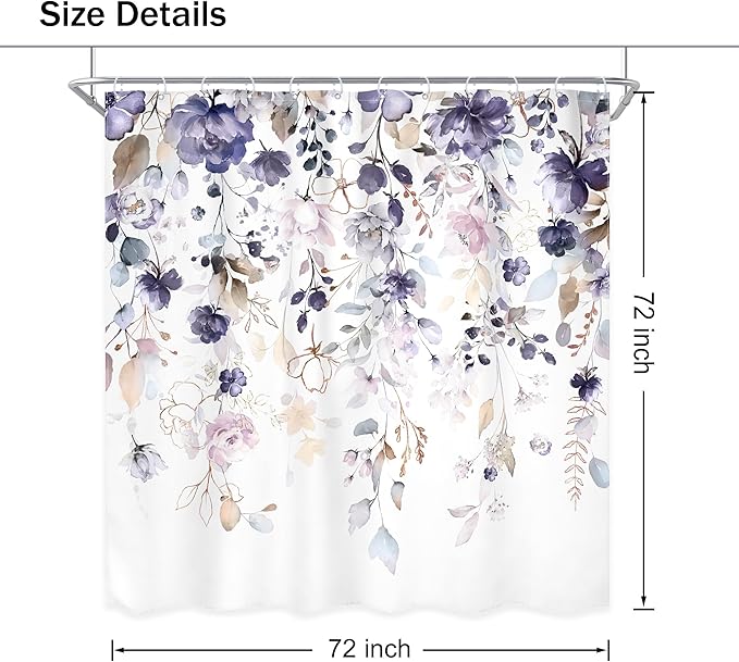 Purple Floral Flower Shower Curtain 72Wx72L Inch Girls Girly Boho Watercolor Wildflower Eucalyptus Leaf Spring Botanical Plant Bathroom Set Rustic Bath Curtain Bathtub Accessories Home Decor