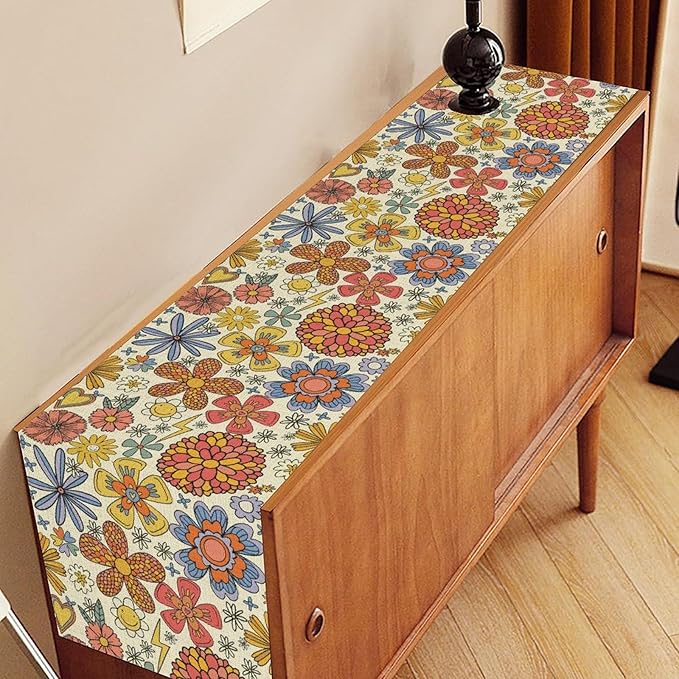 Retro 70s Floral Table Runner, Vintage Hippie Funky 70s 60s Abstract Colorful Aesthetic Modern Farmhouse Coffee Table Center Decor for Kitchen Living Room Holiday Party Table Decorations 13x72