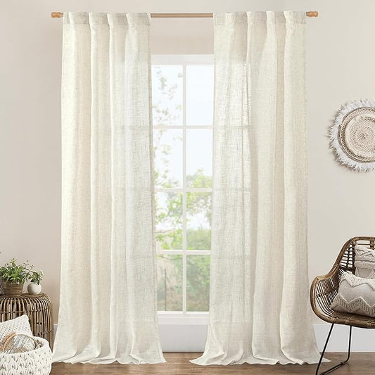 LAMIT 38 Inch Width Semi Sheer Linen Curtains 2 Panels, Cream Ivory Light Filtering Panels Back Tab and Rod Pocket Boho Neutral Drapes for Living Room/Bedroom/Farmhouse, 38 x 84 Inch