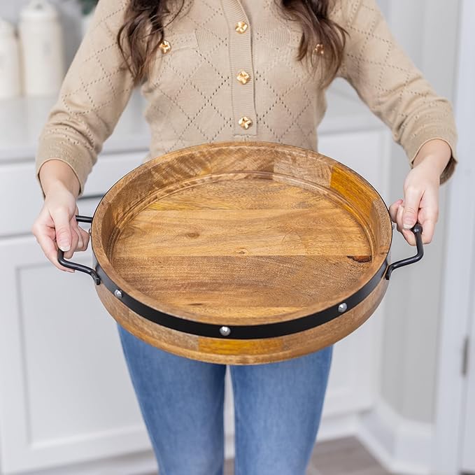 16" Large Round Ottoman Tray, Heavy Duty Mango Wood, for Serving Tea, Breakfast in Bed, Living Room Large Coffee Table Tray Rustic with Farmhouse Style, Decorative Handles and Accent Strap