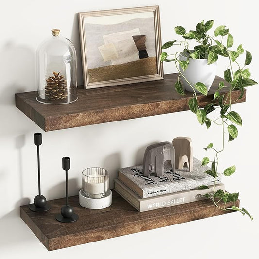 Rustic Elm Wood Floating Shelves for Wall, Flat Edge 24"W x 9.2"D x 1.4"H, Set of 2 with Invisible Bracket, Wall Mounted Storage Shelves for Living Room Bedroom Kitchen Bathroom Decor, Walnut Finish