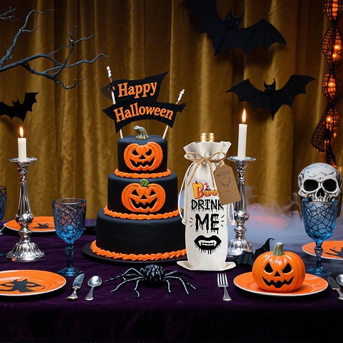 1Pcs Drink Me Gifts Wine Bag, Happy Halloween Wine Bag Halloween Party Decorations with 1Pcs Kraft Blessing Cards and natural jute rope