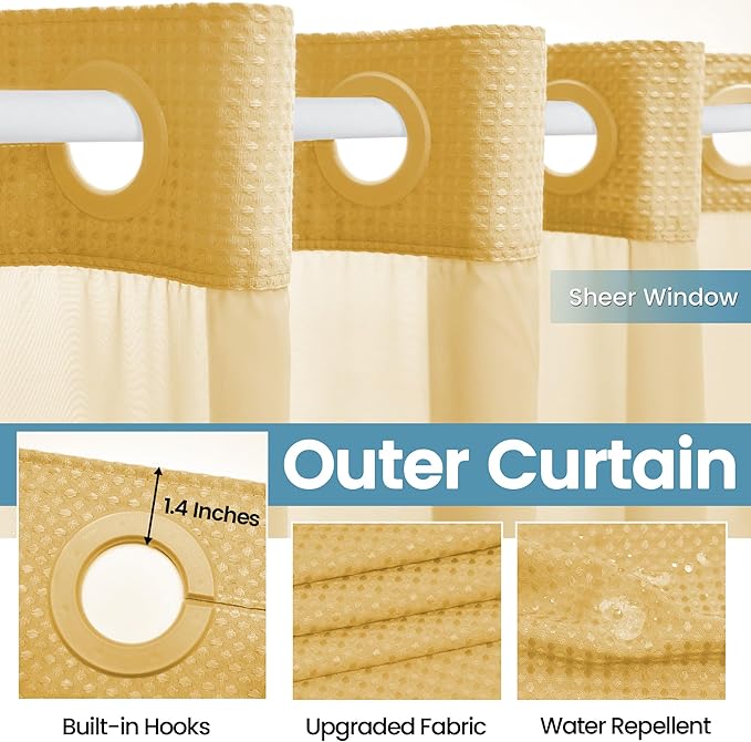 Gold Hotel Shower Curtain - 230GSM Waffle Textured Heavy Duty Thick Fabric Shower Curtains for Bathroom,71W x 74H