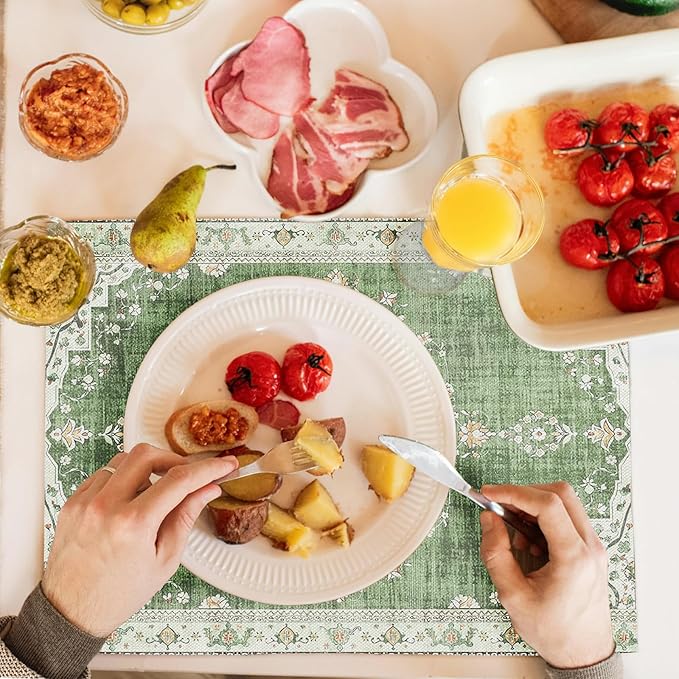 Snycler Table Runner Boho Table Runners Vintage Elegant Farmhouse Table Center Linen Decor for Home Dining Party Entrance (12x18 Inch ,Set of 4) Light Green