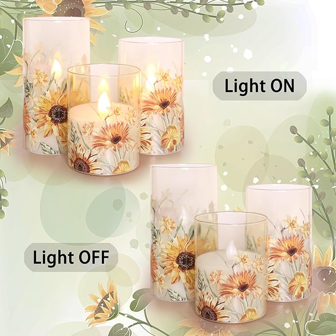 Sunflower Glass Flameless Candles with Remote Battery Operated Flickering LED Pillar Candle Summer Fall Autumn Christmas Decorations Gifts for Women Mom Mothers Day Birthday, Set of 3