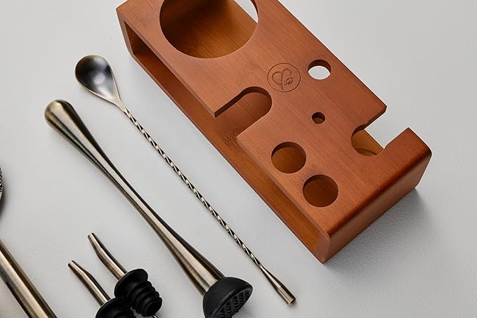 Mint & Mortar Cocktail Shaker Set, 7-Piece Bartender Kit with Stand, 24oz Martini Shaker Bottle Stainless Steel Bar Tools, Home Bar Accessories Drink Mixer, Barware Gift Set - Brushed Gold