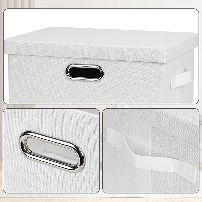 Medium 15" 21 Quart Collapsible Stackable Storage Bins with Lids, 1 Pack White Foldable Fabric Closet Storage Boxes with Lids, 4 Handles Heavy-duty Linen Cube Baskets for Bedroom