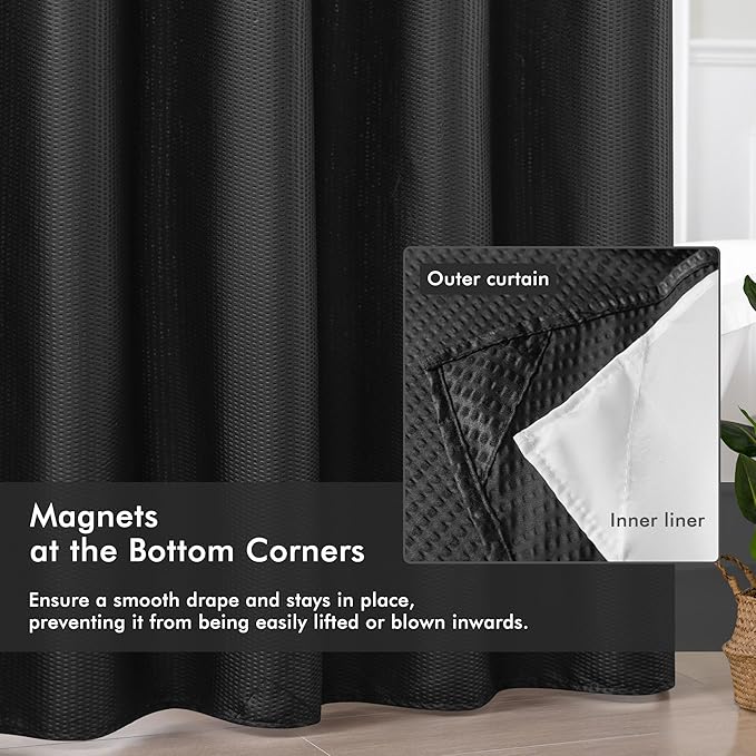 Mrs Awesome No Hook Shower Curtain with Snap-in Liner Less Time On/Off, Embossed Waffle-Look Textured Fabric Shower Curtain for Bathroom, Soft & Lightweight, 71x74, Black